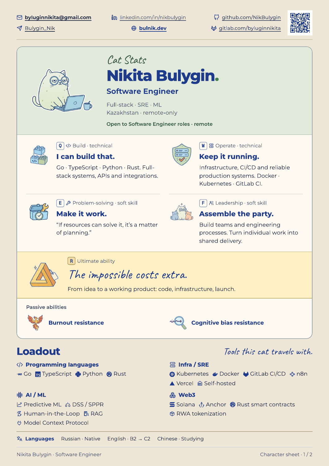Character sheet with skills, tools and contact details.